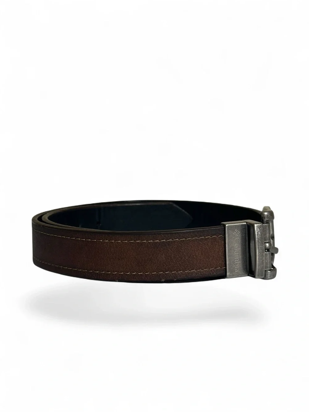 Columbia. Brown Leather Belt with Brushed Silver Buckle